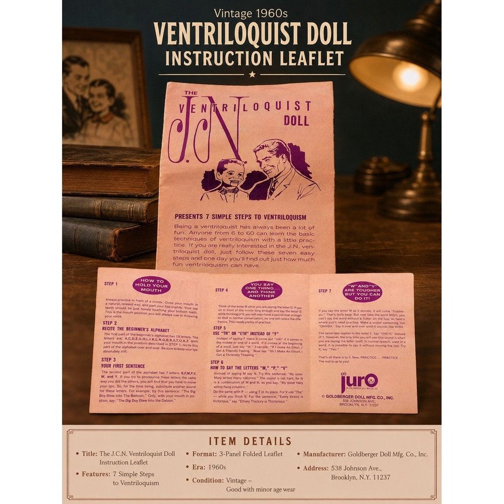 Vintage Juro Goldberger JN Ventriloquist Doll 7 Steps Instructions Pamphlet